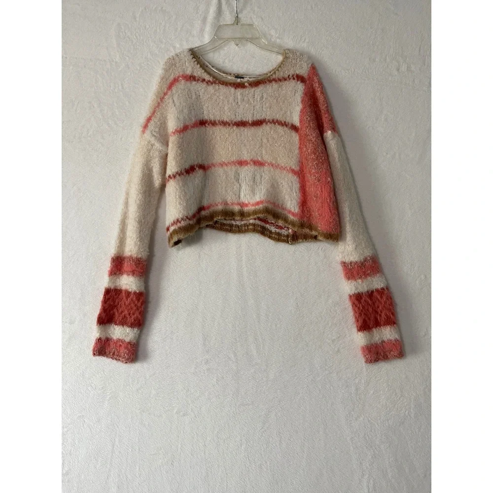 Free People Fuzzy Crop Sweater Emerson Pullover Champagne Dream Combo Sz Medium
